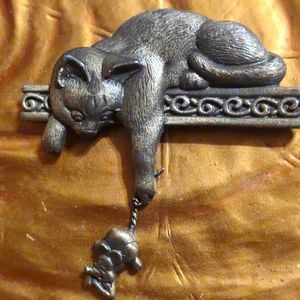 Beautiful pewter vintage cat playing with mouse by JJ
